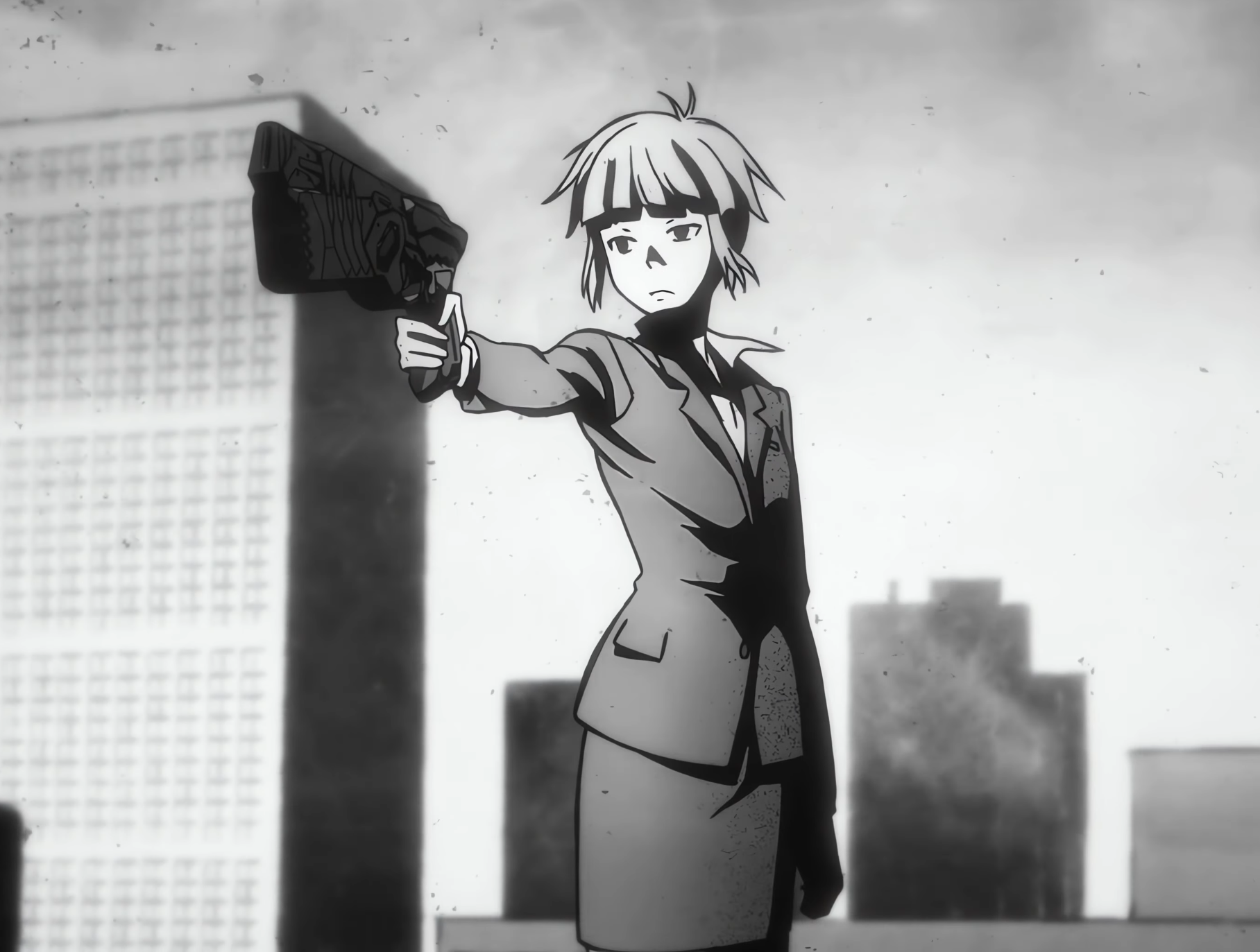 An illustration of Majora holding a drawn pistol, in black and white
